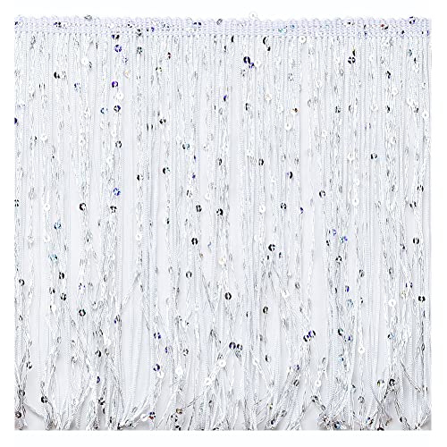 Fransenborte Quaste, 20,3 cm breit, 2 m lang, für Kleidung, Accessoires, lateinamerikanische Hochzeitskleider, DIY-Dekoration (2 weiße mit Pailletten) von VoilaLove