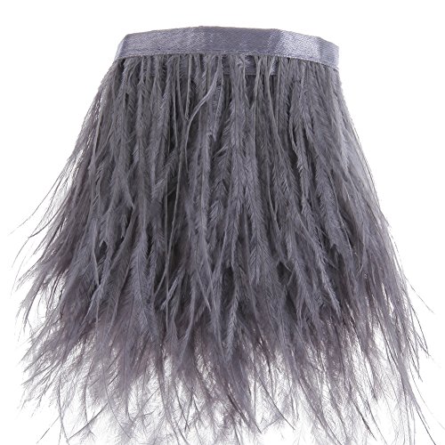 Straußenfedern Borte Fransen mit Satinband - zum Nähen von Kleidern Basteln Kostüme Dekoration, 186cm (Grau) von VoilaLove