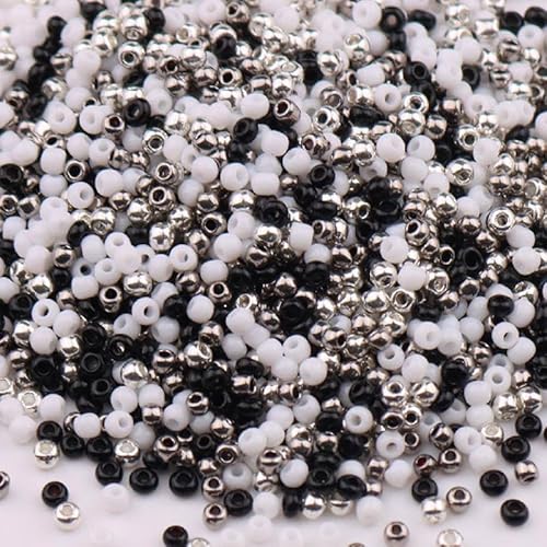 Metallic-Glas-Rocailles, 2 mm, gemischte Farben, Glasperlen für Armbänder, Basteln, Schlüsselanhänger, ca. 1000 Stück, Schwarz/Weiß/Grau, 1 Packung von Vokenforu