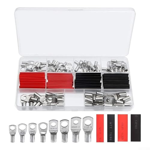 Volakebeing Kabelschuh-Klemmen-Set mit Schrumpfschlauch-Set, 120-teiliges elektrisches Drahtverbinder-Sortiment inklusive Kupfer-Ringkabelschuhen für Draht-Crimpzubehör von Volakebeing