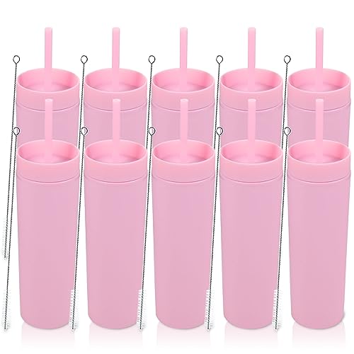 Volhoply 480ml Kunststoff Skinny Becher Mit Deckel und Strohhalm Bulk 10 Pack, Isolierte Doppelte Wand Bpa Frei Matte Acryl Becher, Eiskaffee Reise e Party Cup, Diy Geschenke(Rosa,10 Set) von Volhoply