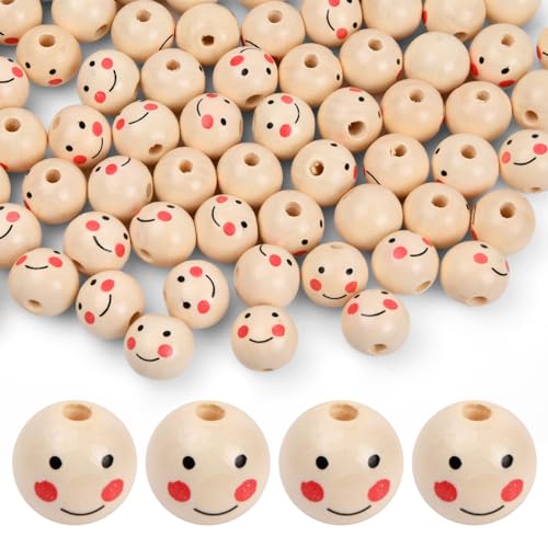 Volumoon 100 Stück Holzperlen mit Gesicht Smiley, 20 mm Groß Holzperlen natur mit Loch, Abstandshalterperlen Holz Lose Perlen, Holz Perlen Spacer Perlen für DIY Schmuck Armband Halskette Herstellung von Volumoon