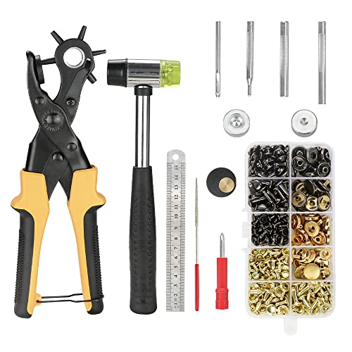 Lochzange Druckknopf Set, Heavy Duty Profi Revolverlochzange Gürtellochzange, Lochzange Gürtel Leder Locher mit 150 Nieten 20 Druckknöpfe usw. für Stoff Pappe, 6 Auswechselbaren Lochpfeifen Lochzange Druckknopf Set, Heavy Duty Profi Revolverlochzange Gürtellochzange, Lochzange Gürtel Leder Locher mit 150 Nieten 20 Druckknöpfe usw. für Stoff Pappe, 6 Auswechselbaren Lochpfeifen von VonLux