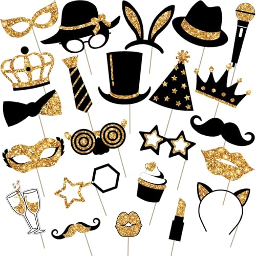 24 Stück Fotobox Zubehör Gold, Party Deko für Hochzeit, Geburtstag & Babyparty, Lustige Foto Requisiten mit Kronen, Herzen, Schnurrbart - Ideal für Fotobox, JGA & Karneval 24 Stück Fotobox Zubehör Gold, Party Deko für Hochzeit, Geburtstag & Babyparty, Lustige Foto Requisiten mit Kronen, Herzen, Schnurrbart - Ideal für Fotobox, JGA & Karneval von Vonsera