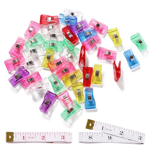 VooGenzek 40 Stücke 3.3x1.8x1.1 cm Nähklammern, Kunststoff Stoffklammern,Stoffklammern Zum Nähen, Näh Clips, mit 2 Stück 150cm Maßband, für Stoff, Nähen, Binden, Basteln,Binden von VooGenzek