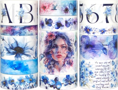 Floral Washi Tape Set - 13 Rollen Blaue Washi Tapes für Bullet Journaling, Scrapbooking, 5 Größen Blumen-, Buchstaben- und Zahlen-Dekorative Klebebänder für Planer, DIY-Bastelarbeiten, Geschenkverpack von Voolcaoo
