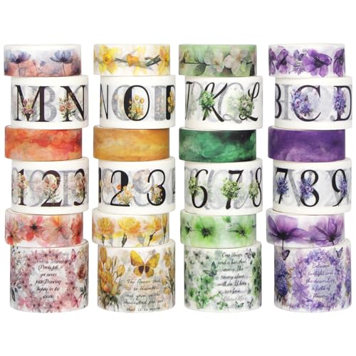 Voolcaoo 24 Rollen Washi Tape Set - Floral Alphabet Themed Dekorative Masking Tape, Klebeband für Bullet Journal, Diy Craft, Scrapbooking Supplies, Gift Wrapping, Party Dekoration von Voolcaoo
