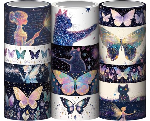 Voolcaoo Glitzer Washi Tape Set - 14 Rollen Gold Glänzende Klebebänder, 3cm/2cm/1.5cm Breite Schmetterling Washi Tapes für Scrapbooking, Bullet Journaling, DIY Bastelarbeiten (Feen- & Katzenmotive) von Voolcaoo