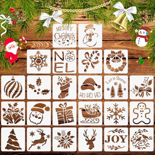 Vordpe 24 Stück Weihnachtsschablonen, Zeichenschablonen Wiederverwendbar Malschablonen aus Kunststoff, für Scrapbooking DIY Geschenkkarten Ornamente Holzscheibe von Vordpe