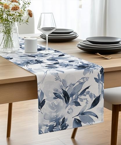 Vorysum Tischläufer Blau Modern Abstrakt Tischläufer Deko Tuschemalerei Blumen Blüte Outdoor Tischläufer Leinen Tischläufer Tischmatten Küche Esstisch Dekoration Drinnen Urlaub Party 33x183cm von Vorysum