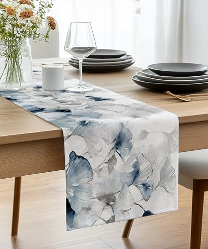 Vorysum Tischläufer Blau Modern Ginkgo Biloba Tischläufer Abstrakt Outdoor Tischläufer Leinen Tischläufer Tischmatten Deko Küche Esstisch Dekoration Drinnen Urlaub Party 33x183cm von Vorysum