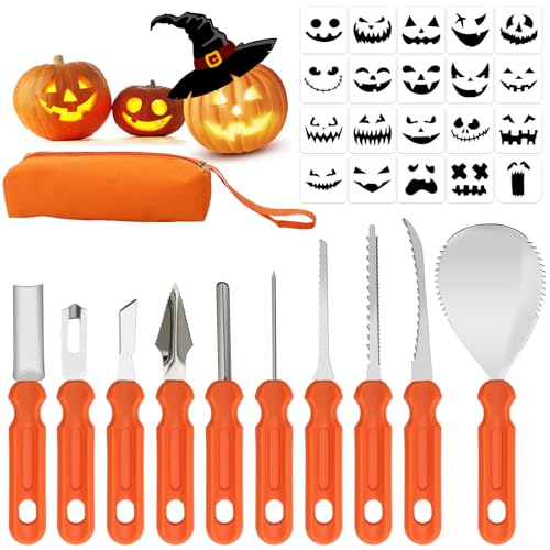 Votoko Halloween Kürbis Schnitzset, 31-teiliges Schnitzwerkzeug Kürbis mit Aufbewahrungstasche und 10 Kürbis Schnitzschablonen, Edelstahl Kürbisschnitz Set für Erwachsene und Kinder Votoko Halloween Kürbis Schnitzset, 31-teiliges Schnitzwerkzeug Kürbis mit Aufbewahrungstasche und 10 Kürbis Schnitzschablonen, Edelstahl Kürbisschnitz Set für Erwachsene und Kinder von Votoko