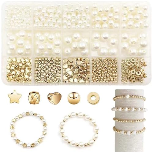 Perlen zum Auffädeln mit Aufbewahrungsbox, Weiße Kunstperlen für Armbänder, Distanzperlen Gold Abstandsperlen Schmuck Schaffung, Perlen zum Auffädeln Basteln Beads Set für Erwachsene und Kinder Perlen zum Auffädeln mit Aufbewahrungsbox, Weiße Kunstperlen für Armbänder, Distanzperlen Gold Abstandsperlen Schmuck Schaffung, Perlen zum Auffädeln Basteln Beads Set für Erwachsene und Kinder von Votvlog