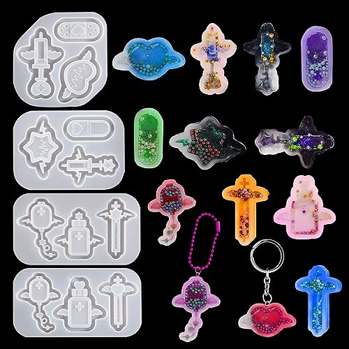Voyyphixa 12 Stück Treibsand Silikonformen Epoxidharz Herz, Geister, Oval, Kreuz, Engel Gießform Resin Quicksand Silicone Molds Schmuck Gießformen für DIY Schmuckhandwerk Schlüsselbund (4PCS) von Voyyphixa