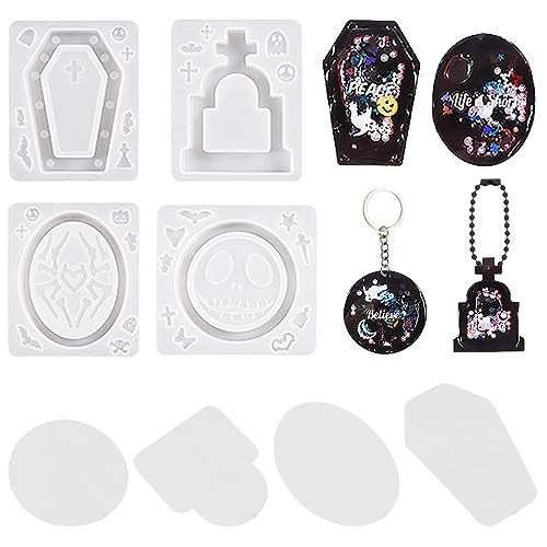 Voyyphixa 4 Stück Halloween Silikonform Treibsand mit PVC Blätter Sarg Silikonformen Epoxidharz Quicksand Resin Molds Grabstein Gießformen für Schmuck, Anhänger, Schlüsselanhänger (Halloween Mold A) von Voyyphixa