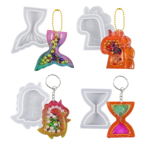 Voyyphixa 4 Stück Silikonform Treibsand Einhorn Dinosaurier Silikonformen Epoxidharz Fischschwanz Sanduhr Formen für Epoxidharz Resin Shaker Mold Schlüsselanhänger Schmuck Charme Gießformen (4PCS) von Voyyphixa