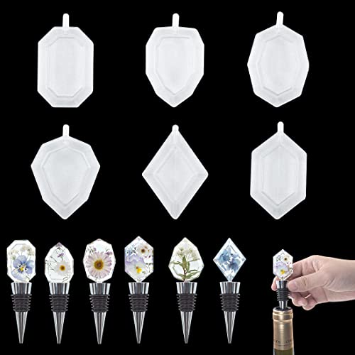 Voyyphixa 6 Stück Geometrische Weinverschluss Silikon mit 6 tück Korken, Resin Silikonform Formen Epoxid Kristal Silikonformen Epoxidharz, Silicone Gießform Resin DIY Harz Formen von Voyyphixa