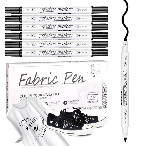 Schwarz Textilstifte Waschmaschinenfest , 6 Stück Textilmalstifte Stoffmalfarben Waschfest 1-5mm Stoff stifte Dual Tip Textilmarker , textilfarbe waschmaschinenfest für T-shirt Stoffbeutel Hut Schuhe von Vozitug