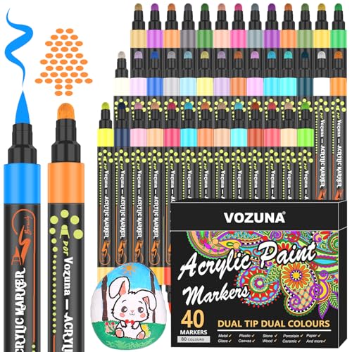 Vozuna 80 Colours Acrylstifte für Steine Wasserfest 40Pcs Acrylfarbe Stifte mit Dual-Tip Dual-Farben für Felsen Malerei Glas Stein Holz Keramik Craft Supplies von Vozuna