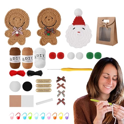 Vriusi Weihnachten Häkelsets, Stricksets Garn Set, Weihnachtsmann Häkeln Anfänger Kit, Lebkuchenmann Stricken Häkelset Enthält 3 Untersetzer mit Video-Tutorials für Anfänger, Urlaub Bastelset von Vriusi