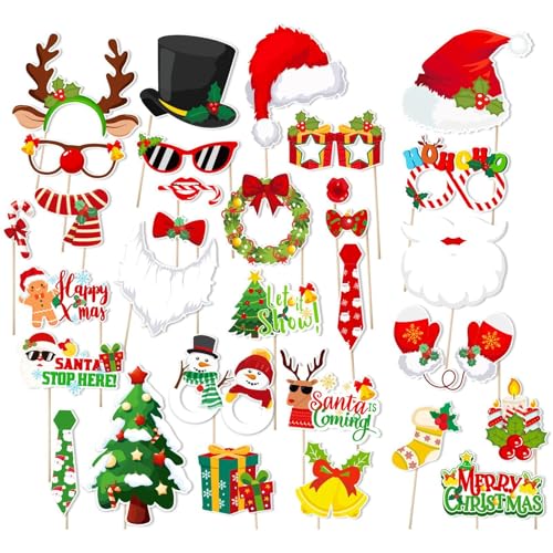 Vriusi Weihnachten Photo Booth Props Party Craft Hintergrund Schilder Lustige Selfie Posing Brille Weihnachten Pose Schild Kits Urlaub Foto Requisiten Festliche Party Zubehör Photo Booth Dekorationen von Vriusi