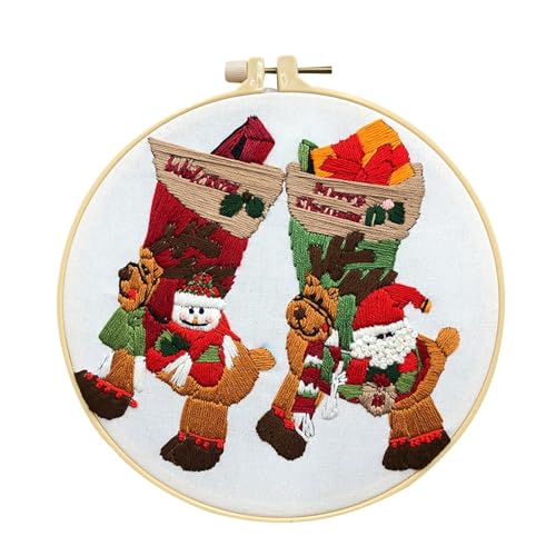 Vriusi Weihnachten Stickerei Kit, Anfänger Urlaub Nadel Kit, Weihnachten Kit, Handstickerei Kit mit Hoop Elch, Strumpf Stickerei Kit für Bastelliebhaber, Perfekt für Erwachsene und Kinder von Vriusi