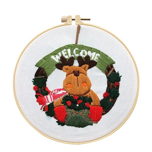 Vriusi Weihnachten Stickerei Kit, Anfänger Urlaub Nadel Kit, Weihnachten Kit, Handstickerei Kit mit Hoop Elch, Strumpf Stickerei Kit für Bastelliebhaber, Perfekt für Erwachsene und Kinder von Vriusi
