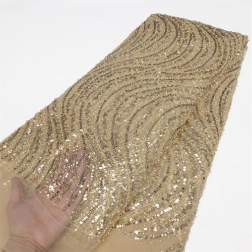 Ly2607-1 5 Yards afrikanischer Tüll-Spitzenstoff mit goldenen Perlen aus Nigeria mit Pailletten für Hochzeit Abendkleid Nähen Ly2607-1 5 Yards von Vsadsau