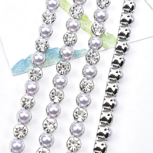 Silberfarbene Strass-Kette, 3 mm, 4 mm, dichtes Glas-Kristallbesatz, zum Aufnähen, Perlenapplikationsband, weiß, 4 mm, #2,7 m von Vsadsau