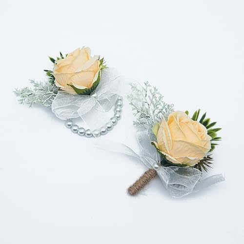 Vsosfiza 1 Satz Boutonniere Und Handgelenk Blume für Braut&Bräutigam,Künstliche Ansteckblume und Seidenarmband für Hochzeit,Jubiläumsdaten Party.(Hellgelb) von Vsosfiza