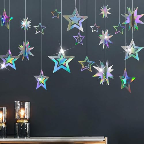 Vsosfiza 14-teilige Regenbogen-Sterngirlande mit 3D-Effekt (1,7m) - Holografische Weihnachtsdeko für Fenster, Türen & Party-Hintergrund (Glitzer-Design) von Vsosfiza