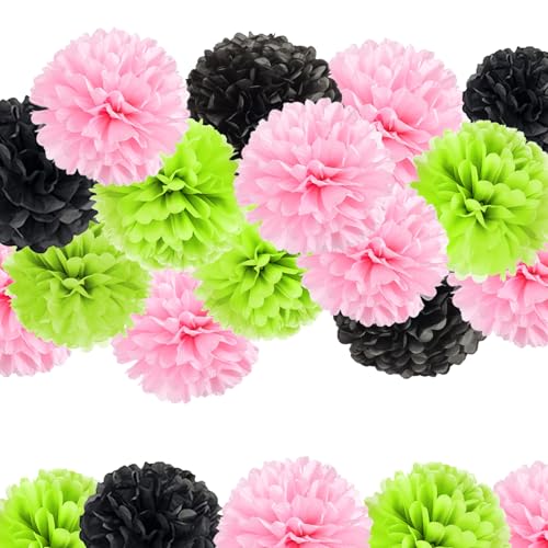Vsosfiza 15 Stück Party Deko Pompons aus Krepppapier in Grün, Rosa, Schwarz - Dekoration für Geburtstag, Hochzeit, Familienfeier, Kindergarten (Mädchen/Junge) von Vsosfiza