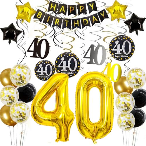 Vsosfiza 40. Geburtstag Dekoration,Schwarz Gold Happy Birthday Banner,40 Goldfolien-Ballone,Sternförmige Folienballon,Hängende Strudel,Schwarz Gold Balloons Party Deko Zubehör Set von Vsosfiza