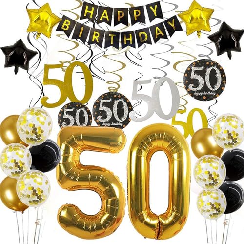 Vsosfiza 50. Geburtstag Dekoration,Schwarz Gold Happy Birthday Banner,50 Goldfolien-Ballone,Sternförmige Folienballon,Hängende Strudel,Schwarz Gold Balloons Party Deko Zubehör Set von Vsosfiza