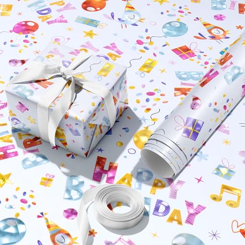 Vsosfiza Geschenkpapier Buntes Happy Birthday-Schriftzug-Design Wrapping Paper Geeignet für Kindergeschenke Geburtstag Geschenkpapier（43x 1000cm）- 1 Rollen von Vsosfiza