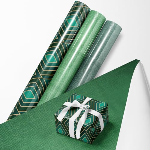 Vsosfiza Premium Geschenkpapier für Partys oder Hochzeiten, Geburtstage und Jubiläen,Geburtstagspapier,Grüne Geschenke (43x 300cm)- 3 Rollen von Vsosfiza