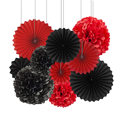 Vsosfiza Schwarz und Rot Dekoration: Hängender Papier Pompons und Papierfächer, 10 Stück, Hochzeit, Geburtstag, Party von Vsosfiza
