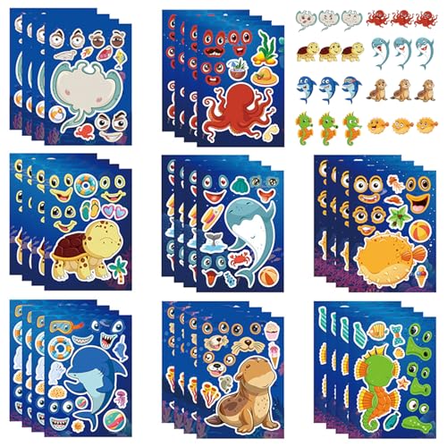 Meeres Tier Aufkleber Kinder Sticker, 32 Stück DIY Gesichts Aufkleber, Make Face Stickers, Geschenkset für Kinder Party Favor Supplies Craft Sticker Set für Laptop Motorrad Scrapbook Skateboard von Vspek