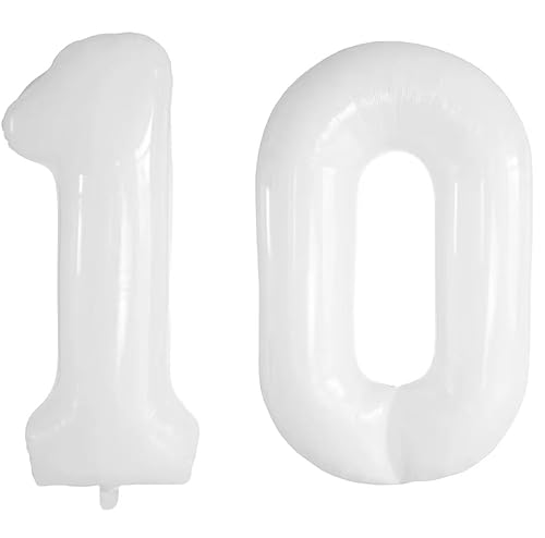 Vthoviwa 40 Zoll/18 Farbens Luftballon Zahlen 10 Weiß, Luftballon 10. Geburtstag Foil Ballon, 0123456789,10-19,20-25,30,40,50,60,70,80,90, Folienballon 10 Party Dekoration Helium Unterstützen von Vthoviwa
