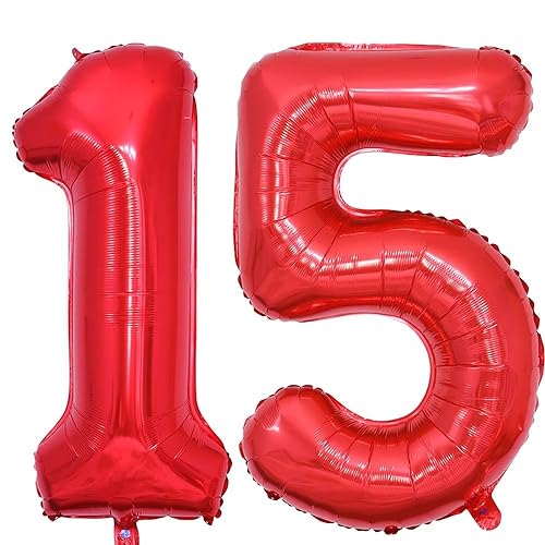 Vthoviwa 40 Zoll/18 Farbens Luftballon Zahlen 15/51 Rot, Helium Luftballon 15/51. Geburtstag Foil Ballon, 0123456789,10-19,20-25,30,40,50,60,70,80,90, Folienballon 15/51 Party Dekoration von Vthoviwa