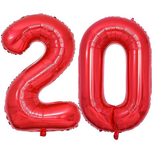 Vthoviwa 40 Zoll/18 Farbens Luftballon Zahlen 20 Rot, Luftballon 20. Geburtstag Foil Ballon, 0123456789,10-19,20-25,30,40,50,60,70,80,90, Folienballon 20 Party Dekoration Helium Unterstützen von Vthoviwa