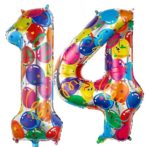 Vthoviwa 40 Zoll 17 Farbens Luftballon Zahlen 14/41 Farbenfrohe, Helium Luftballon 14/41. Geburtstag Foil Ballon, 0123456789,10-19,20-25,30,40,50,60,70,80,90, Folienballon 14/41 Party Dekoration von Vthoviwa