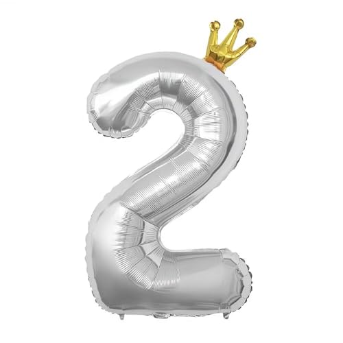 Vthoviwa 40 Zoll Krone Luftballon Zahlen 2 Silbrig, Luftballon 2. Geburtstag Foil Ballon, 0123456789,Folienballon 2 Party Dekoration Helium Unterstützen von Vthoviwa