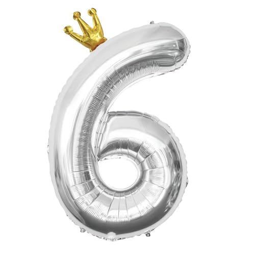 Vthoviwa 40 Zoll Krone Luftballon Zahlen 6 Silbrig, Luftballon 6. Geburtstag Foil Ballon, 0123456789,Folienballon 6 Party Dekoration Helium Unterstützen von Vthoviwa