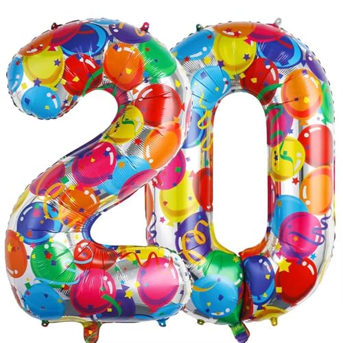Vthoviwa 40 Zoll/18 Farbens Luftballon Zahlen 20 Farbenfrohe, Helium Luftballon 20. Geburtstag Foil Ballon, 0123456789,10-19,20-25,30,40,50,60,70,80,90, Folienballon 20 Party Dekoration von Vthoviwa