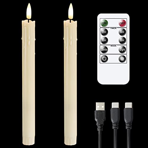 Vtobay Rechargeable LED Flameless Taper Candles,Battery Operated Remote and Timer 3D-Wick Dripping Wax Design Window Candles,Set of 2 Ivory Flickering Candlesticks(USB Charging Cable,0.86” x 9.8”) von Vtobay