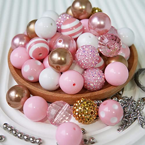50 Stück 20 mm Kaugummi-Perlen für Perlen-Stifte – klobige Perlen für Stiftherstellung, Bastelarbeiten, Schmuck und Schlüsselanhänger – Acrylperlen für Stifte (Rosa/Gold/Weiß) von Vuadiben