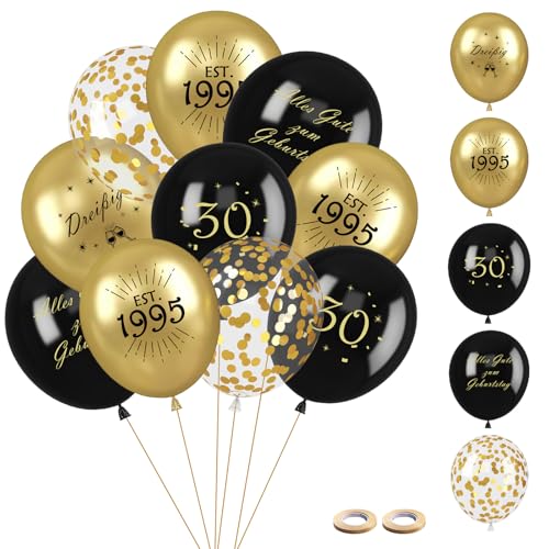 30 Stück Luftballons 30.Geburtstag Deko - Luftballons Schwarz Gold Deko für Junge Mädchen - Latex Druck Ballons, Konfetti Luftballons für Birthday Party Geburtstagsdeko (Schwarz Gold, 30) von Vuemhjaey