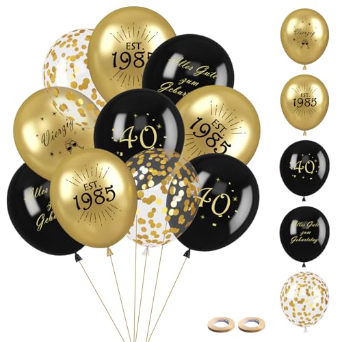 30 Stück Luftballons 40.Geburtstag Deko - Luftballons Schwarz Gold Deko für Junge Mädchen - Latex Druck Ballons, Konfetti Luftballons für Birthday Party Geburtstagsdeko (Schwarz Gold, 40) von Vuemhjaey
