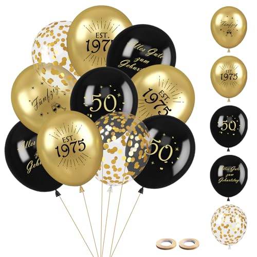 30 Stück Luftballons 50.Geburtstag Deko - Luftballons Schwarz Gold Deko für Junge Mädchen - Latex Druck Ballons, Konfetti Luftballons für Birthday Party Geburtstagsdeko (Schwarz Gold, 50) von Vuemhjaey